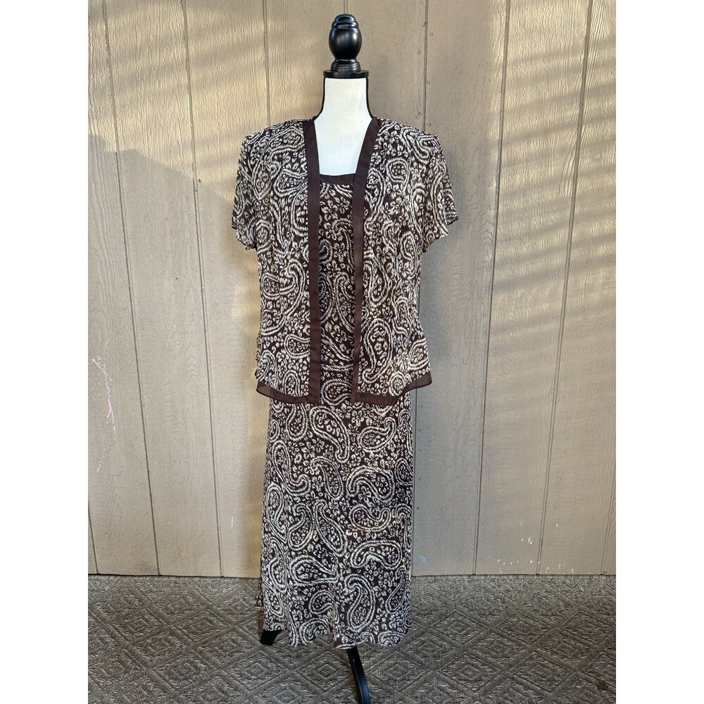 Studio I Women's 2 Piece Dress Set Jacket Size 12 Brown Paisley Maxi Chiffon 90s